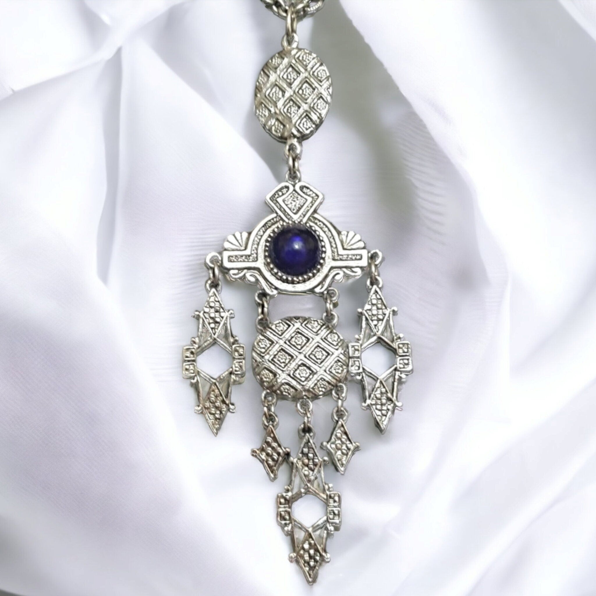 Eyptian Revival Blue Cabochon Silvertone Dangle Vintage Estruscan Necklace