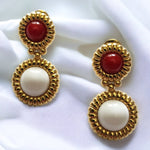 MONET Dangle Dropped Faux Red Coral and White Lucite Gold Plated Etruscan Vintage Clip On Earrings