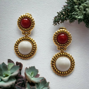 MONET Dangle Dropped Faux Red Coral and White Lucite Gold Plated Etruscan Vintage Clip On Earrings