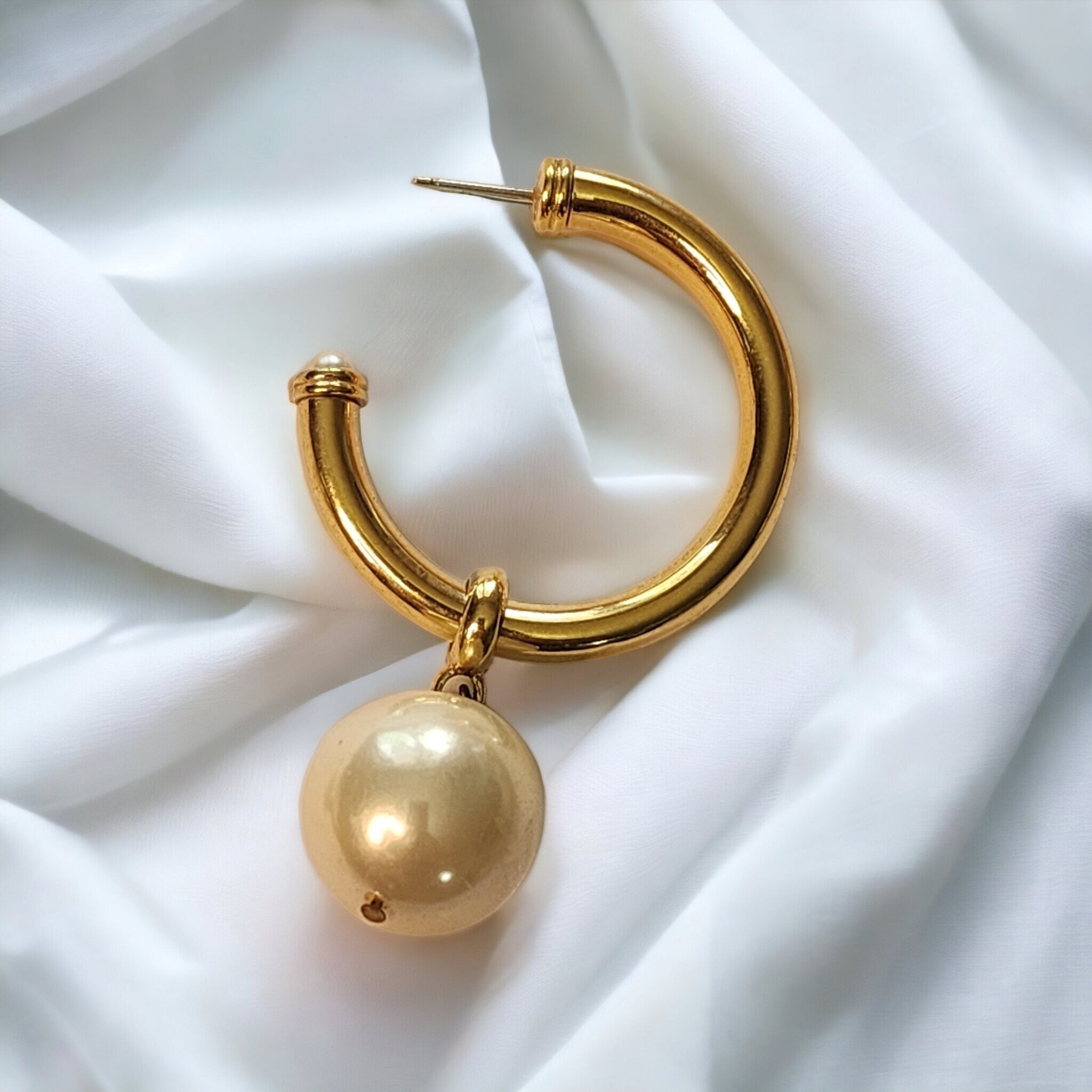 Large Gold Plated Faux Pearl Half-Hoop Dangle Earrings