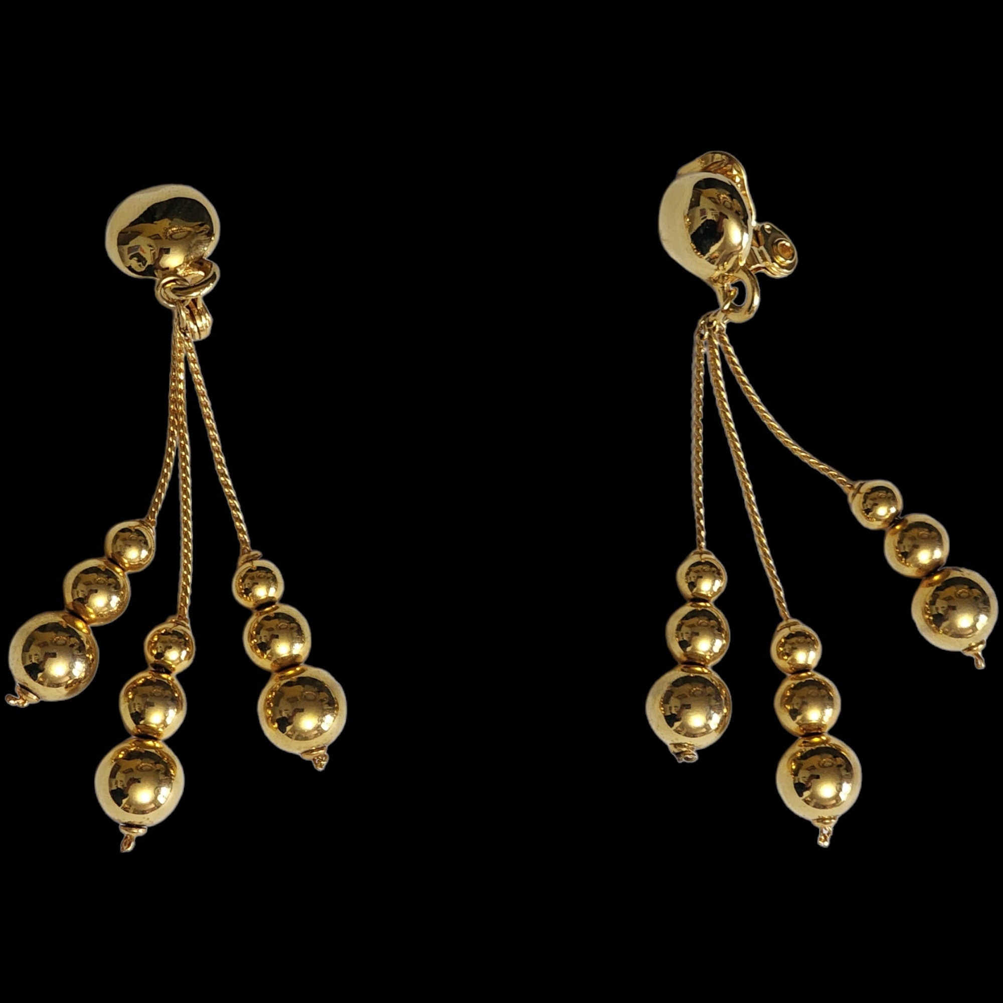 Shoulderduster Snake Chain Linear Triple Tassel Ball Gold Plated Dangle Earrings, Tear Drop Vintage, Domed Clip On Earrings