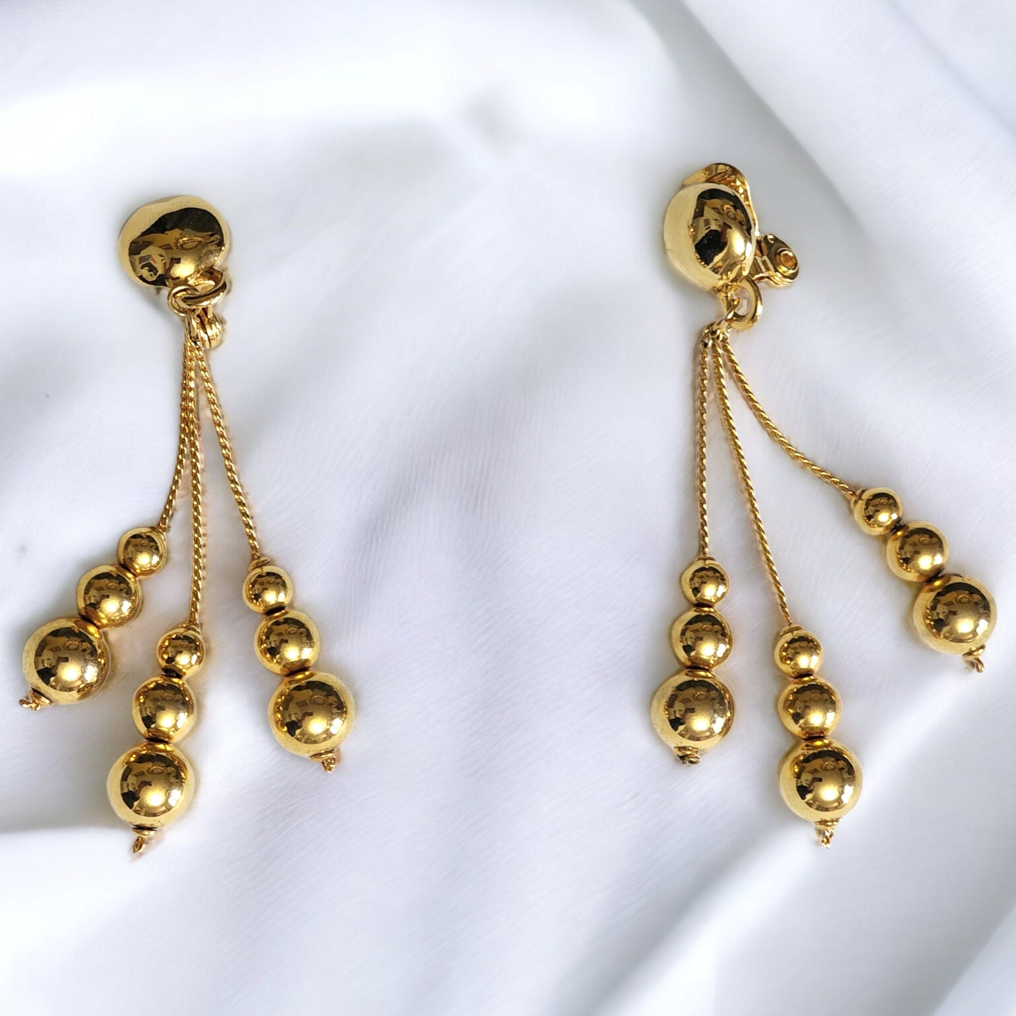 Shoulderduster Snake Chain Linear Triple Tassel Ball Gold Plated Dangle Earrings, Tear Drop Vintage, Domed Clip On Earrings
