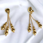 Shoulderduster Snake Chain Linear Triple Tassel Ball Gold Plated Dangle Earrings, Tear Drop Vintage, Domed Clip On Earrings