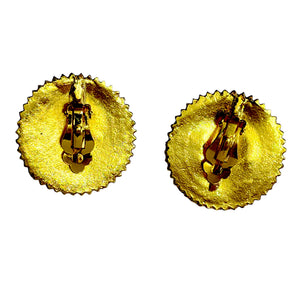 Egyptian Revival Etruscan Domed Disc Gold Plated Statement Vintage Earrings, Ethic Stud Clip On Earrings