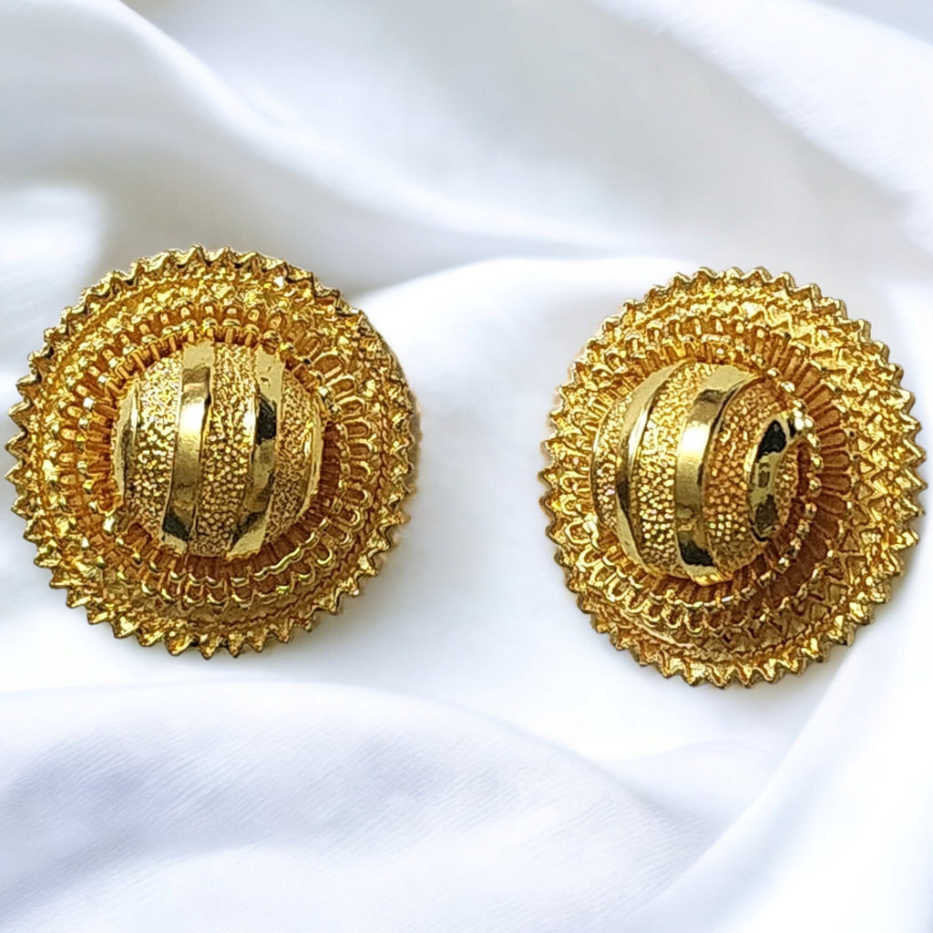Egyptian Revival Etruscan Domed Disc Gold Plated Statement Vintage Earrings, Ethic Stud Clip On Earrings