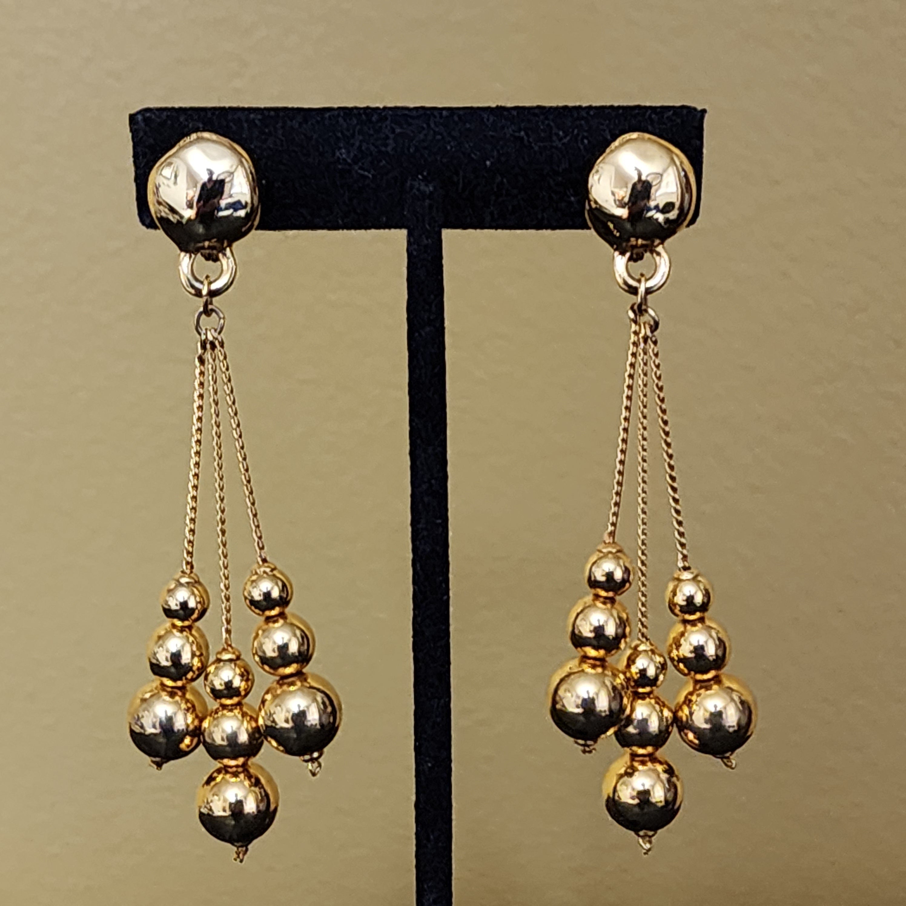 Shoulderduster Snake Chain Linear Triple Tassel Ball Gold Plated Dangle Earrings, Tear Drop Vintage, Domed Clip On Earrings
