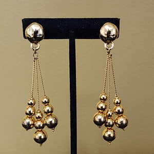 Shoulderduster Snake Chain Linear Triple Tassel Ball Gold Plated Dangle Earrings, Tear Drop Vintage, Domed Clip On Earrings