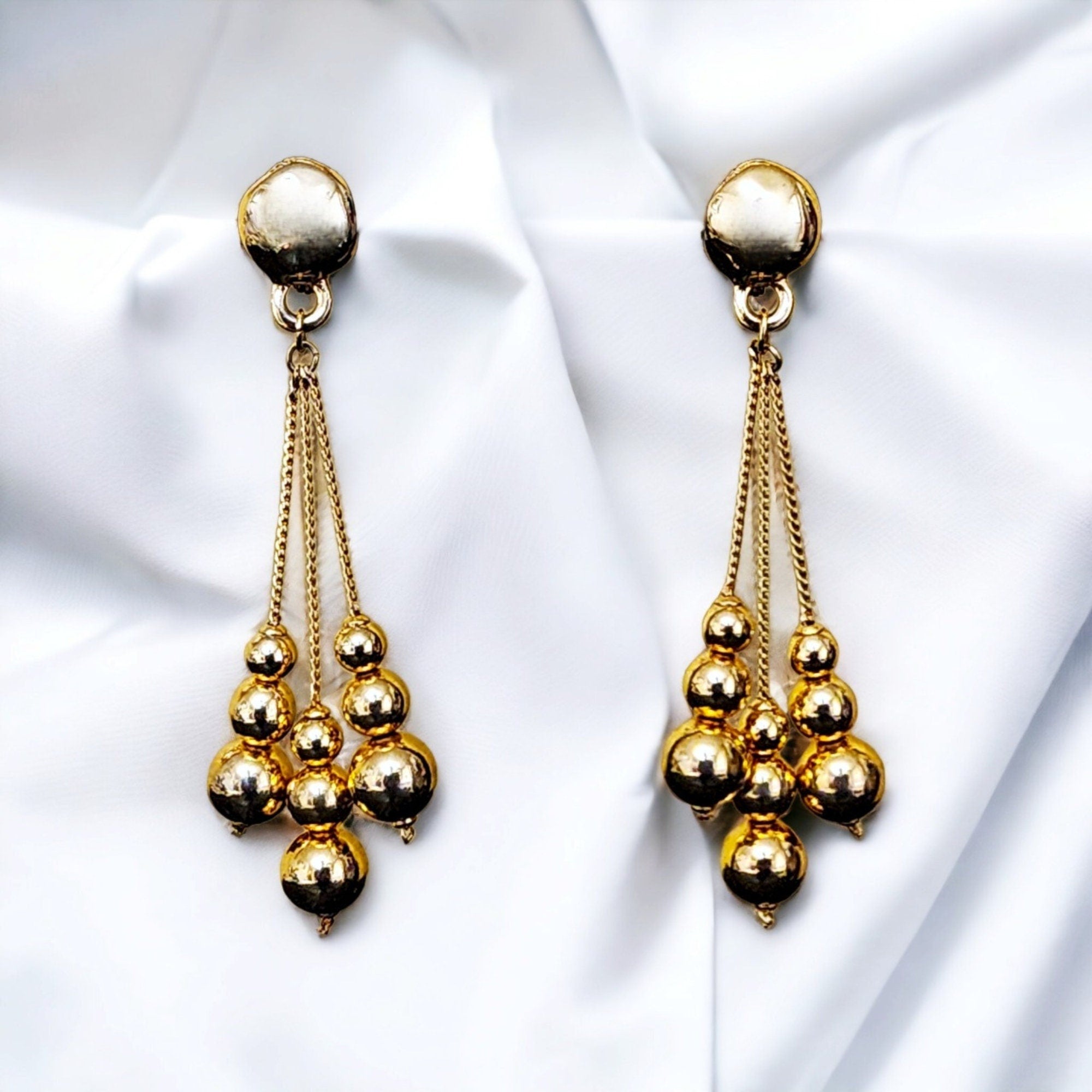 Shoulderduster Snake Chain Linear Triple Tassel Ball Gold Plated Dangle Earrings, Tear Drop Vintage, Domed Clip On Earrings