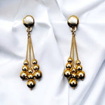 Shoulderduster Snake Chain Linear Triple Tassel Ball Gold Plated Dangle Earrings, Tear Drop Vintage, Domed Clip On Earrings