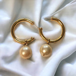 Large Gold Plated Faux Pearl Half-Hoop Dangle Earrings