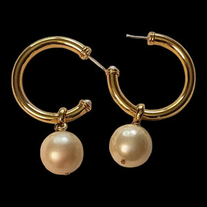 Large Gold Plated Faux Pearl Half-Hoop Dangle Earrings