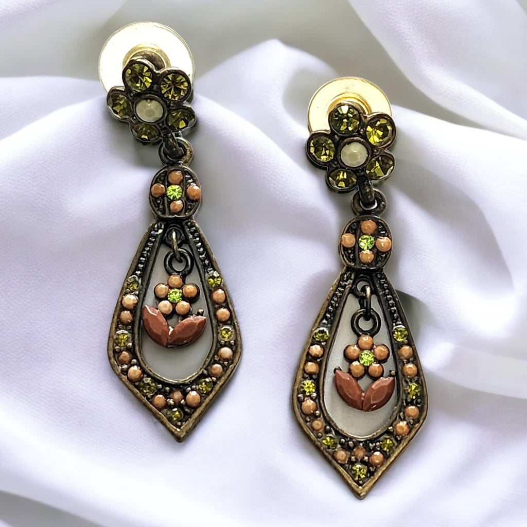 Victorian Style Teardrop Flower Pearls and Swarovski Crystals Bronze Plated Vintage Post Pierced Earrings