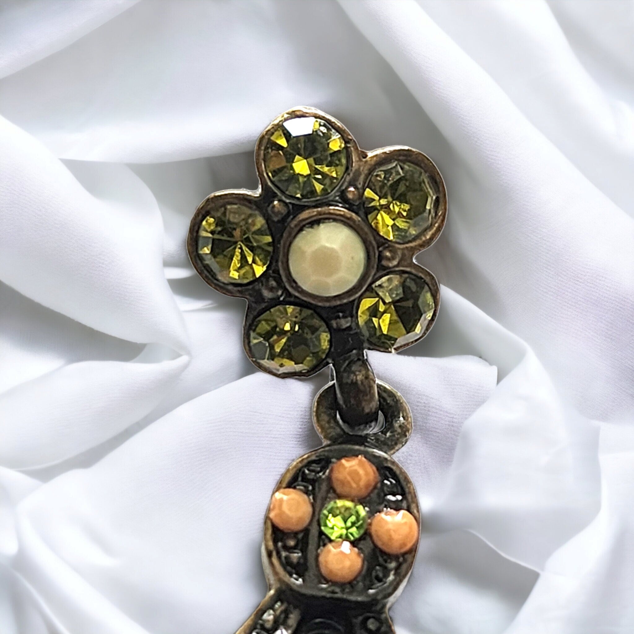 Victorian Style Teardrop Flower Pearls and Swarovski Crystals Bronze Plated Vintage Post Pierced Earrings
