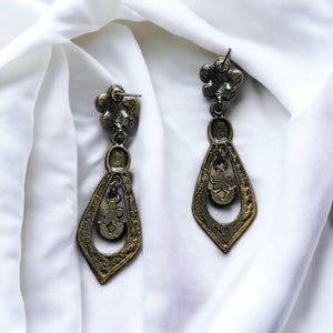 Victorian Style Teardrop Flower Pearls and Swarovski Crystals Bronze Plated Vintage Post Pierced Earrings