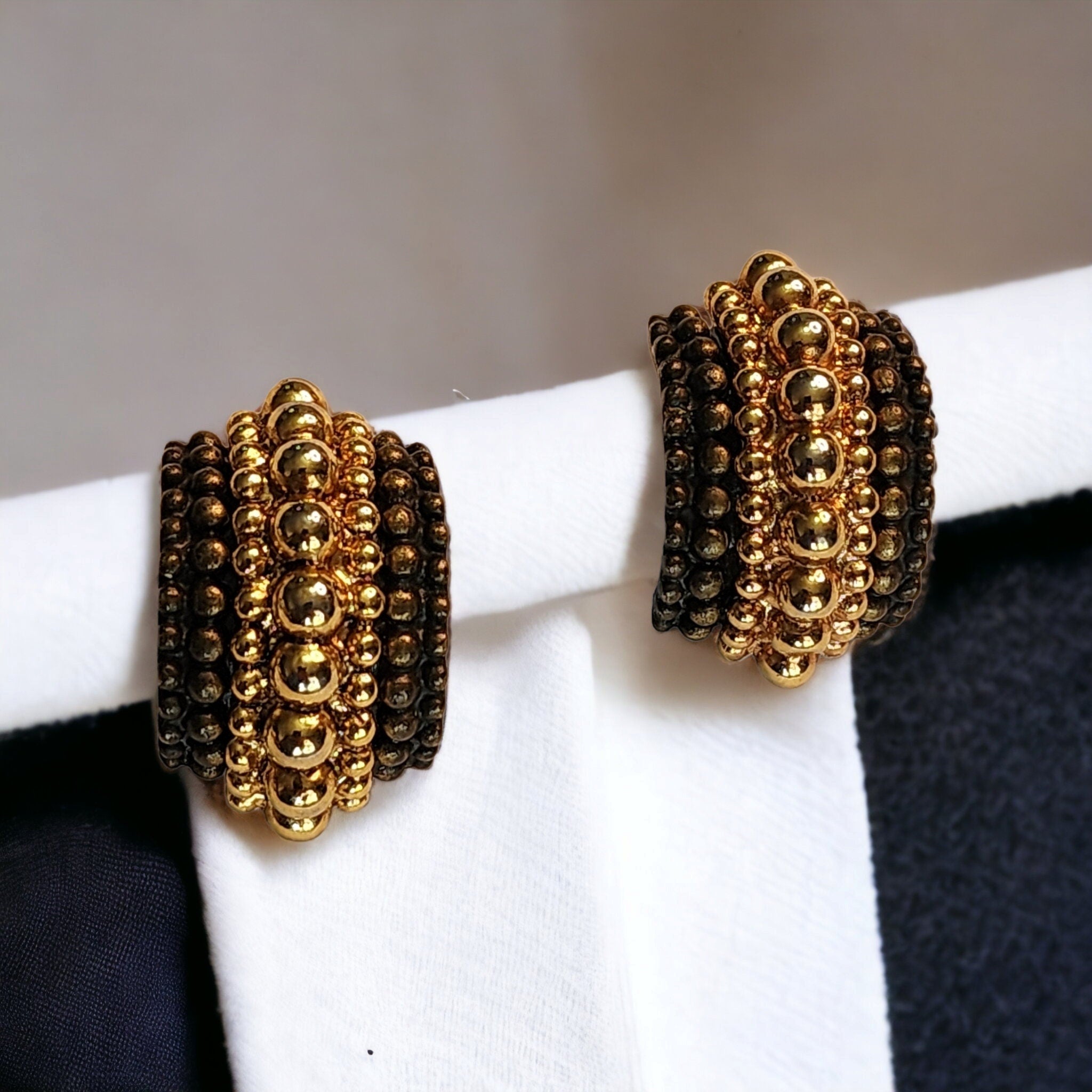 Magnificent Massive Haute Couture Etruscan Heavy Brown Gold Plate Bold Vintage Clip On Earrings
