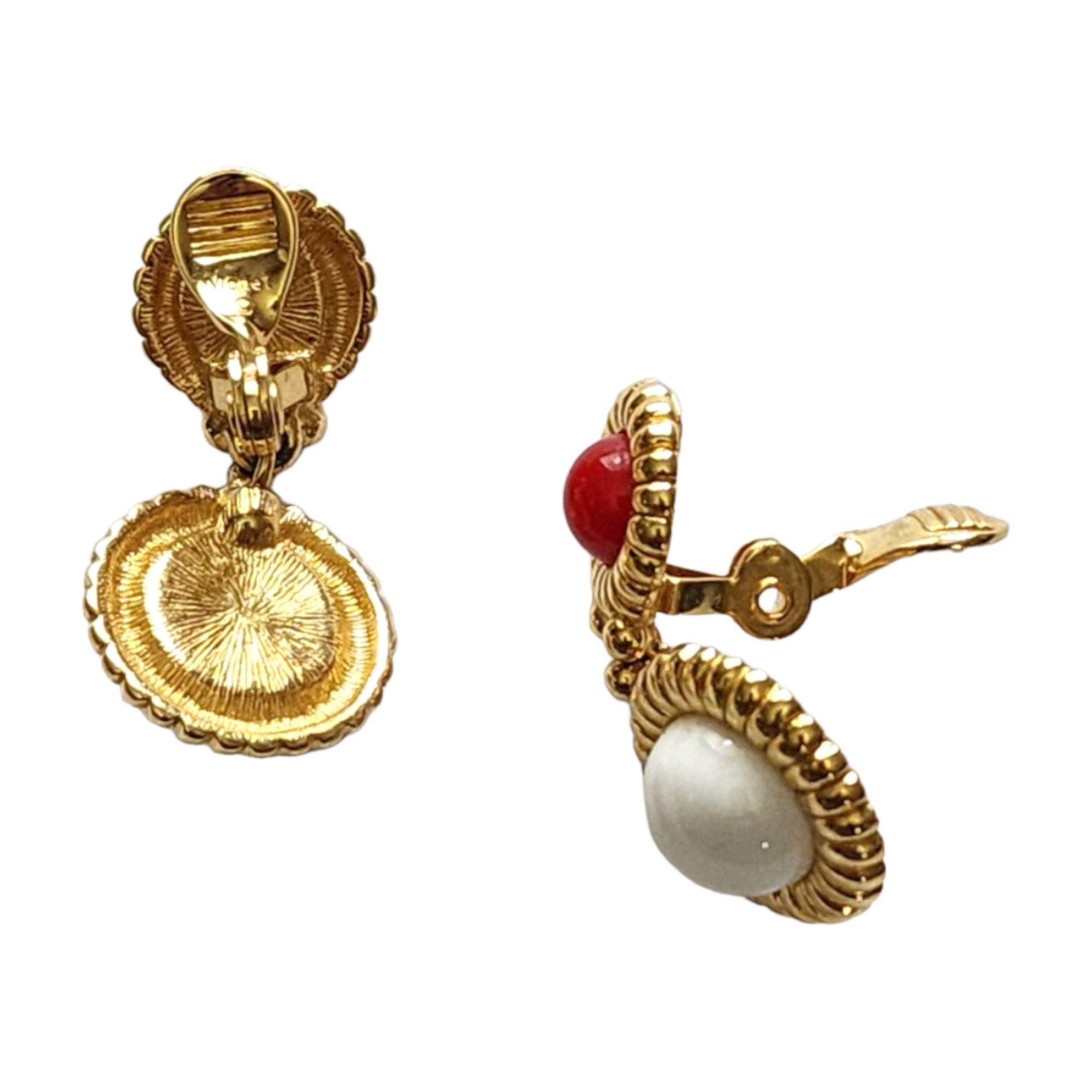 MONET Dangle Dropped Faux Red Coral and White Lucite Gold Plated Etruscan Vintage Clip On Earrings