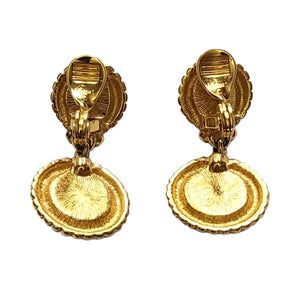 MONET Dangle Dropped Faux Red Coral and White Lucite Gold Plated Etruscan Vintage Clip On Earrings