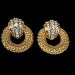 Stunning Large Unsigned CRAFT Crystal Ribbed Gold Plated Byzantine Door Knocker Vintage Clip On Earrings, Statement Diamanté Runway Earrings