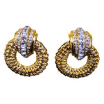 Stunning Large Unsigned CRAFT Crystal Ribbed Gold Plated Byzantine Door Knocker Vintage Clip On Earrings, Statement Diamanté Runway Earrings