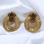 Stunning Large Unsigned CRAFT Crystal Ribbed Gold Plated Byzantine Door Knocker Vintage Clip On Earrings, Statement Diamanté Runway Earrings