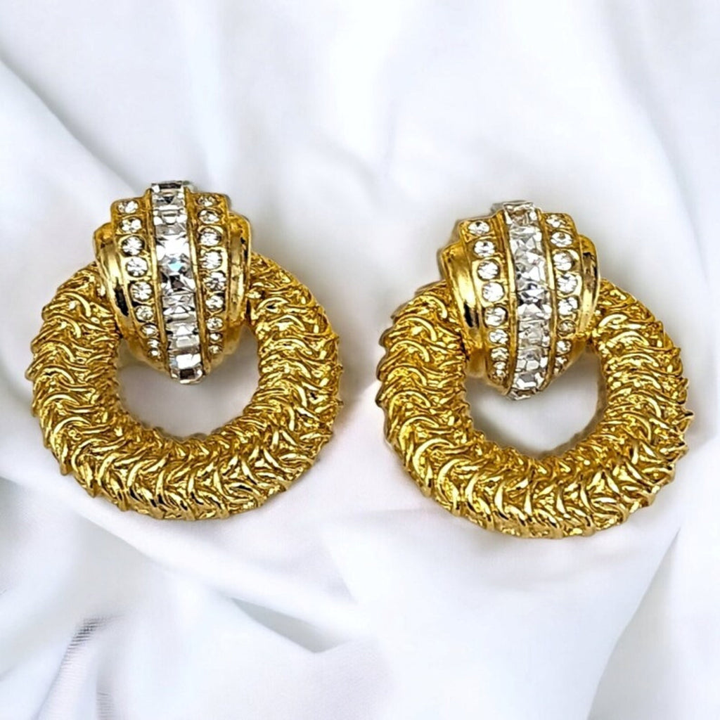 Stunning Large Crystal Ribbed Gold Plated Byzantine Door Knocker Vintage Clip On Earrings, Statement Diamanté Runway Earrings
