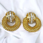 Stunning Large Crystal Ribbed Gold Plated Byzantine Door Knocker Vintage Clip On Earrings, Statement Diamanté Runway Earrings