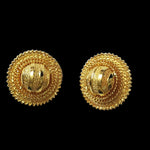 Egyptian Revival Etruscan Domed Disc Gold Plated Statement Vintage Earrings, Ethic Stud Clip On Earrings
