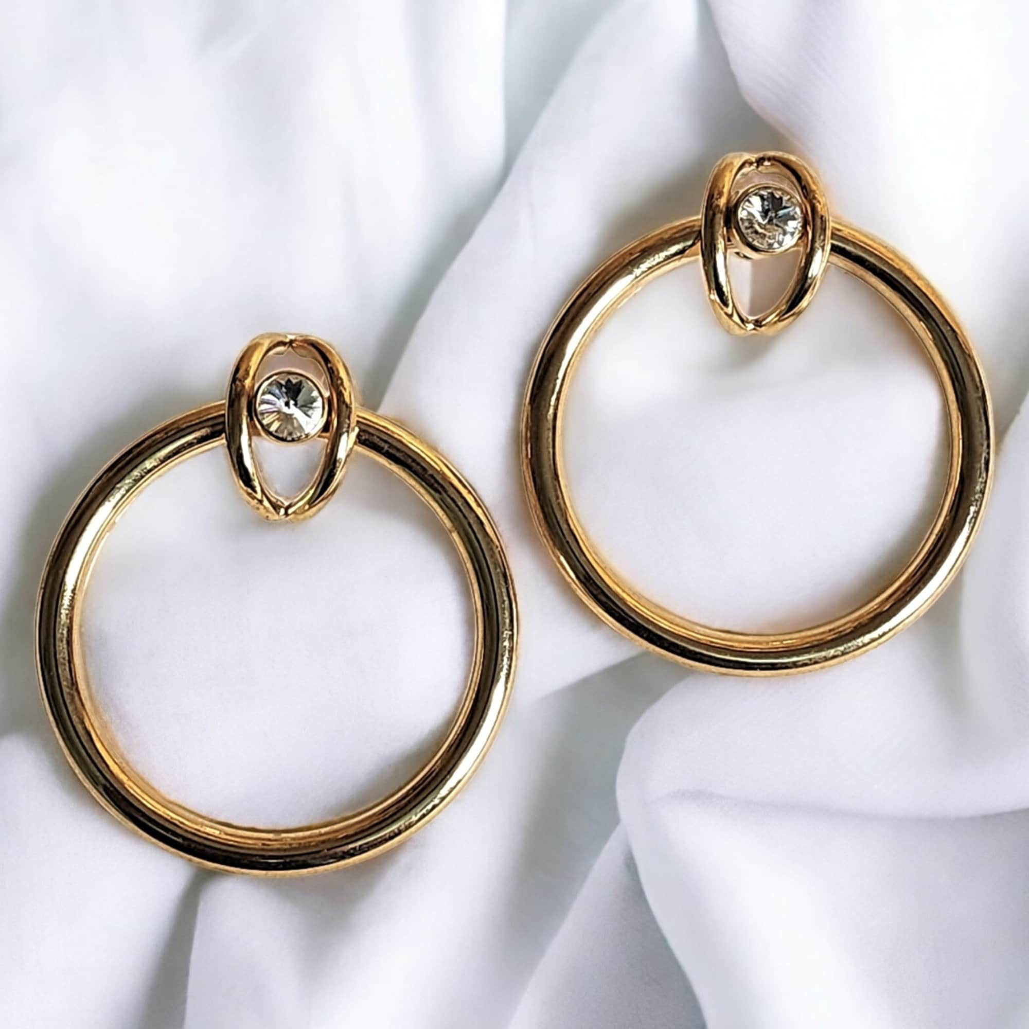 Oversized Rivoli Crystal Hoop Gold Plated Vintage Earrings