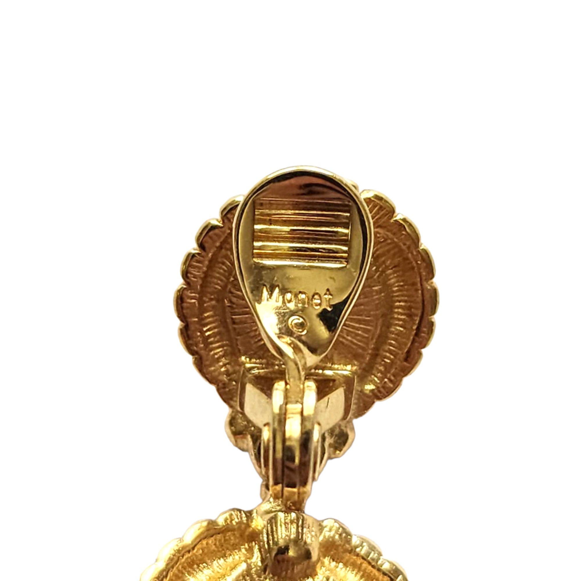 MONET Dangle Dropped Faux Red Coral and White Lucite Gold Plated Etruscan Vintage Clip On Earrings