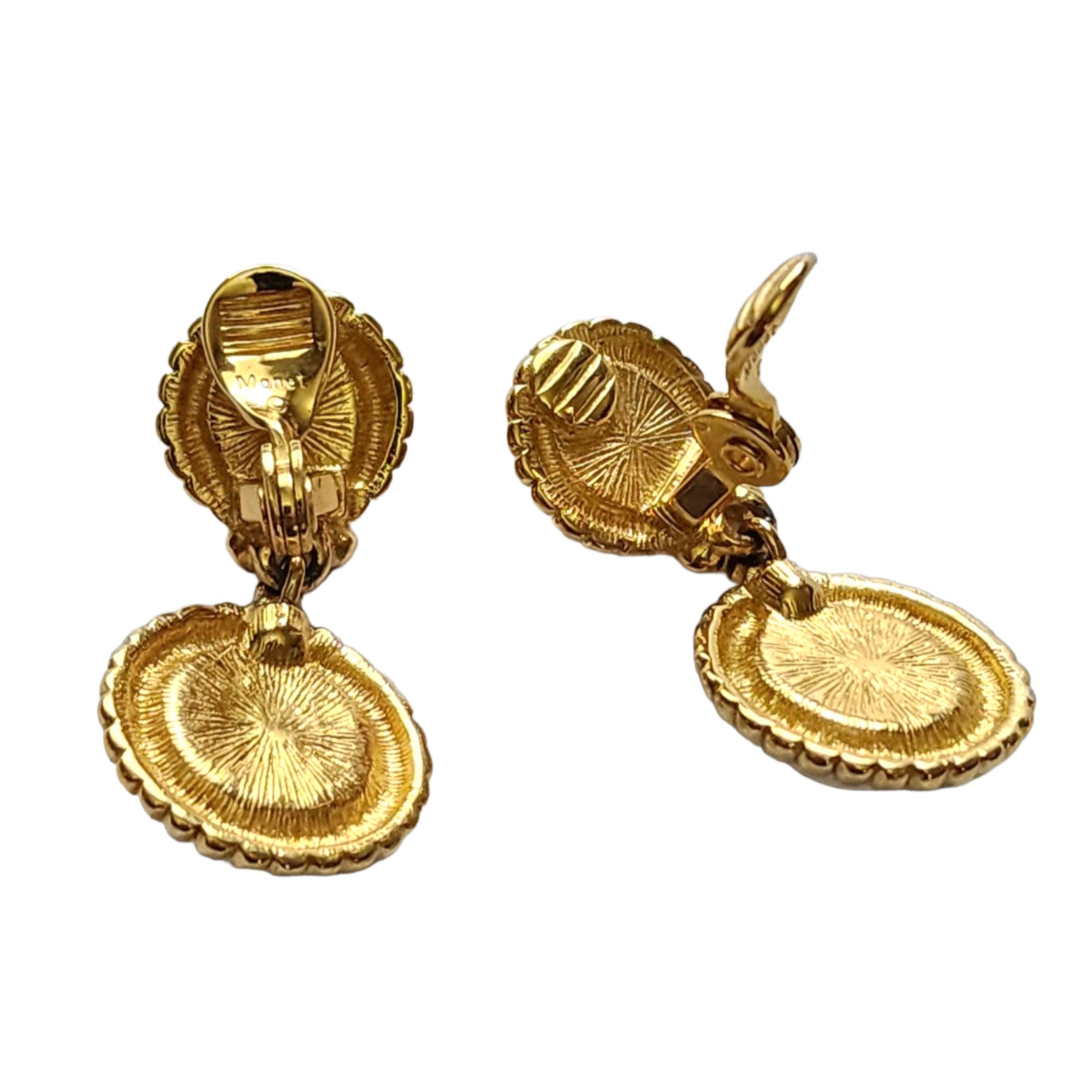 MONET Dangle Dropped Faux Red Coral and White Lucite Gold Plated Etruscan Vintage Clip On Earrings