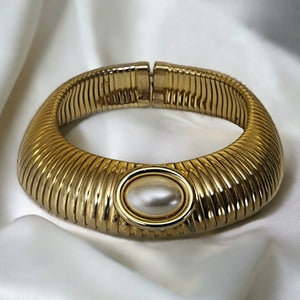 Wide Tubogas Modernist Omega Chunky Collar Choker Necklace Gold Plated Vintage Necklace, Couture Designer Necklace