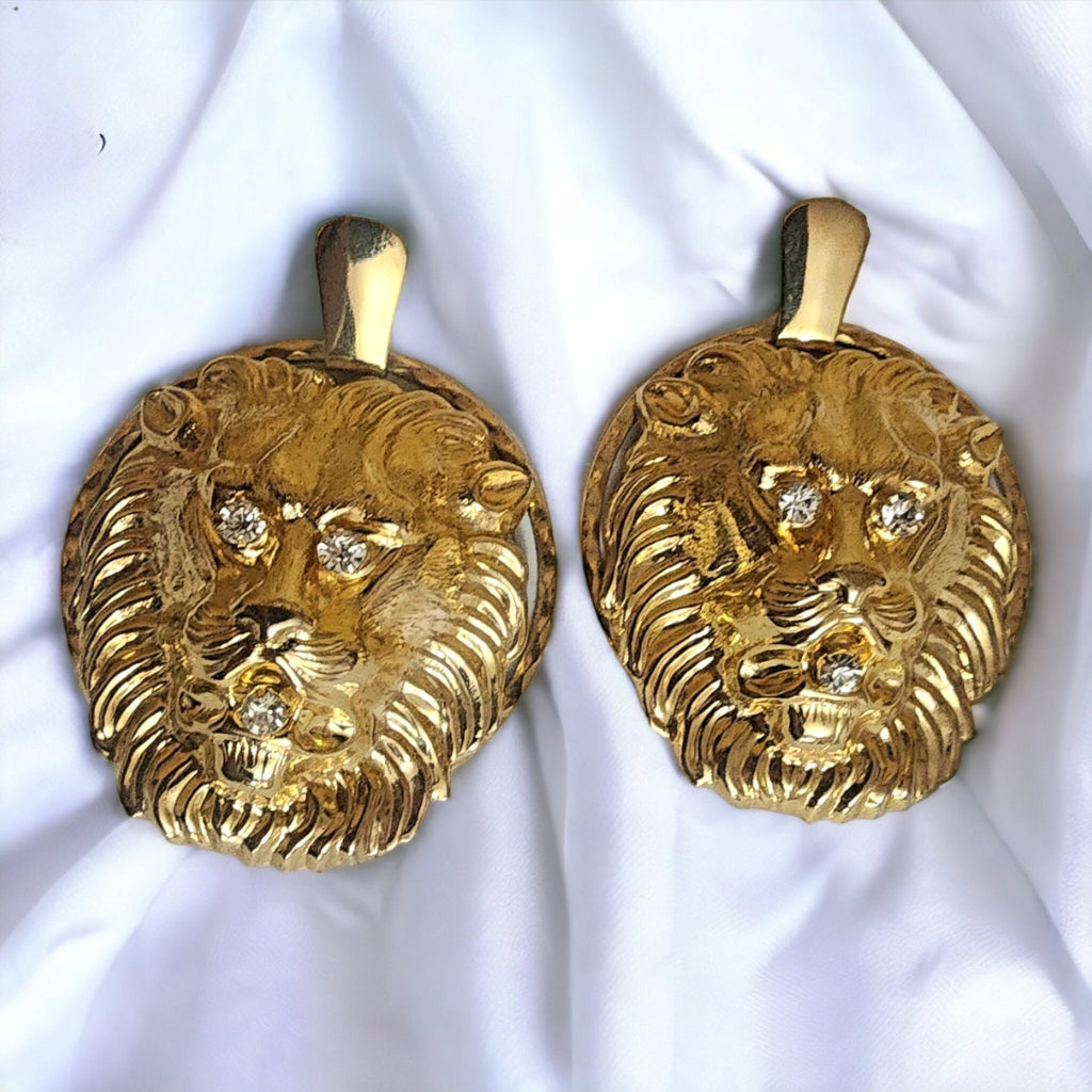 Huge Lion Door Knocker Rhinestone Eyes and Mouth Gold Tone Post Back Vintage Statement Earrings