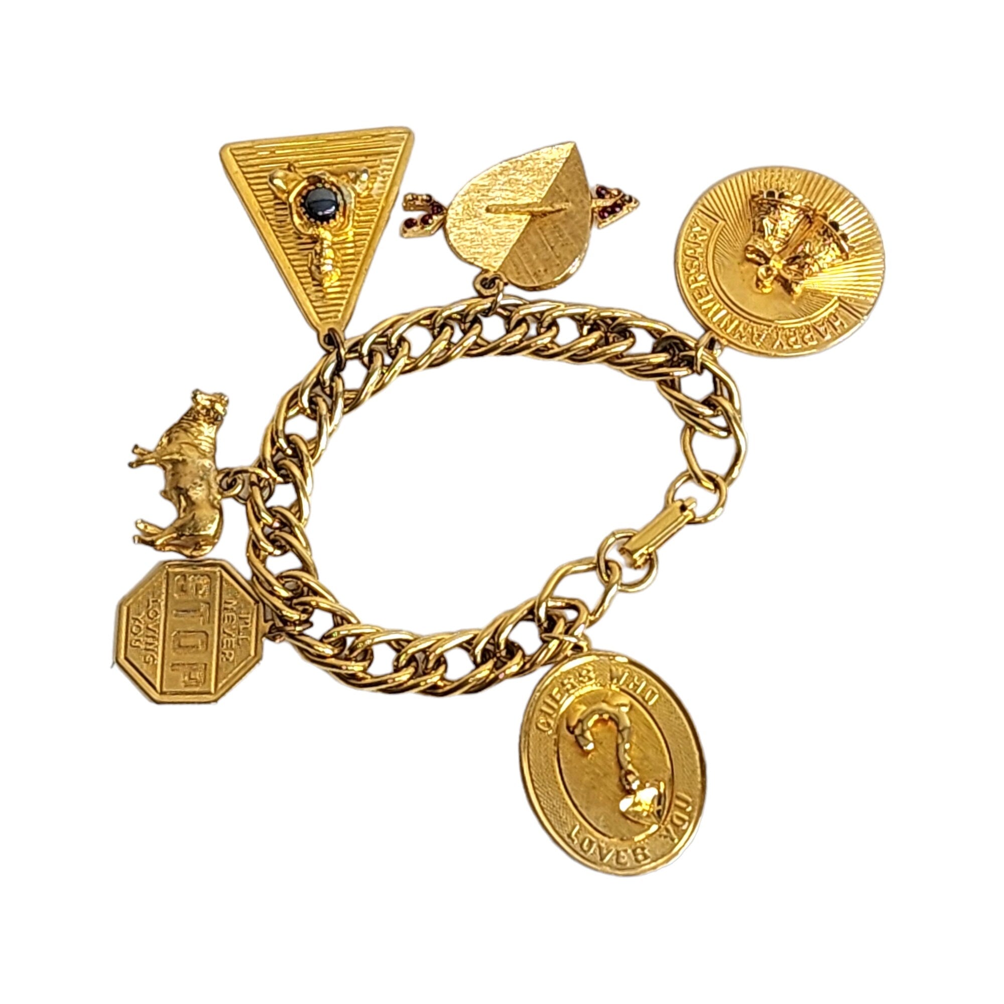 Vintage Love Charm Thick Chunky Gold-Plated Link Bracelet, Statement Bracelet