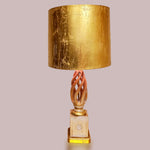 Twisted Carved Open Barley Table Vintage Lamp and Crackle Gold Drum Shade Made By Frederick Copper