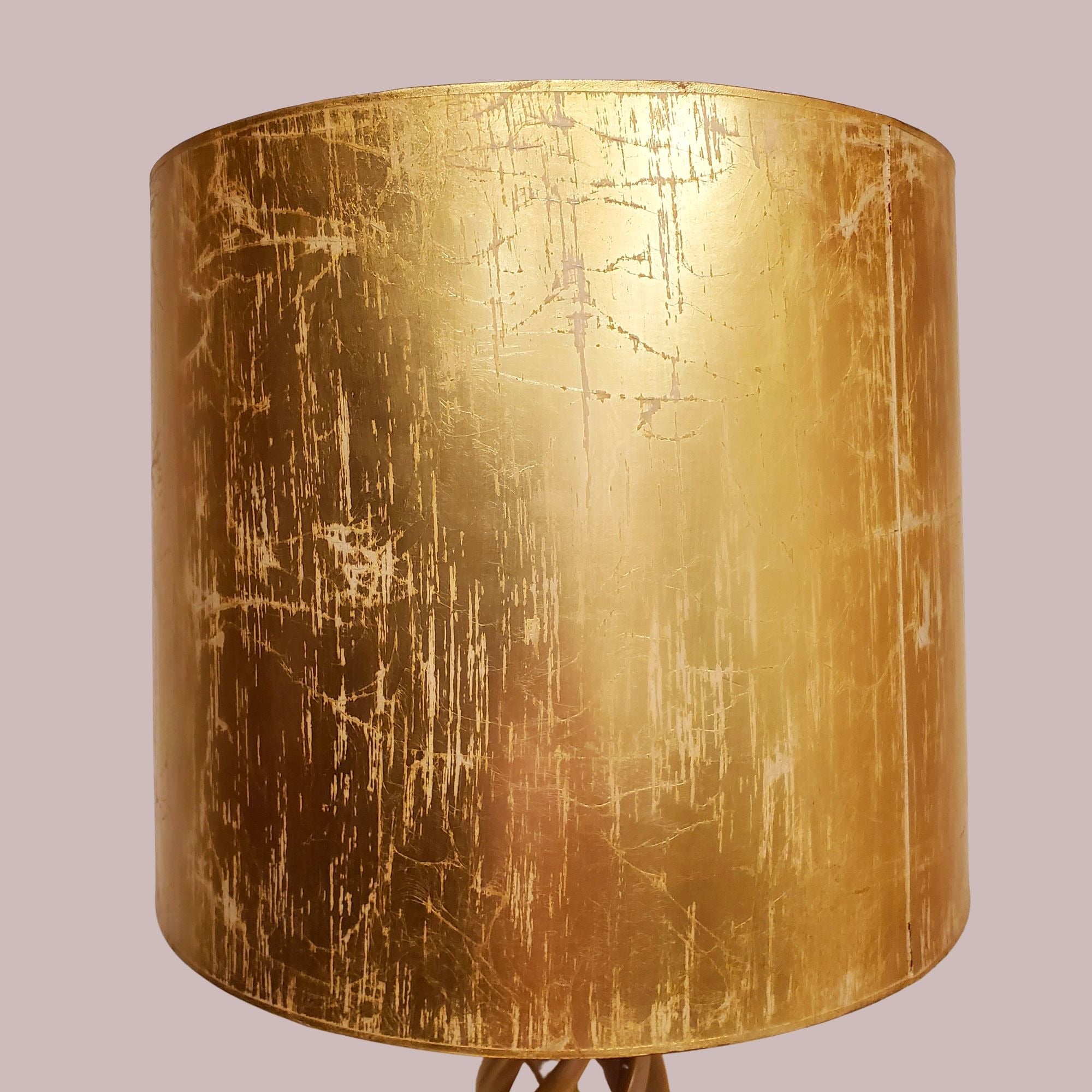 Twisted Carved Open Barley Table Vintage Lamp and Crackle Gold Drum Shade Made By Frederick Copper