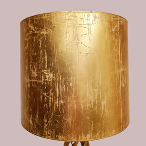 Twisted Carved Open Barley Table Vintage Lamp and Crackle Gold Drum Shade Made By Frederick Copper