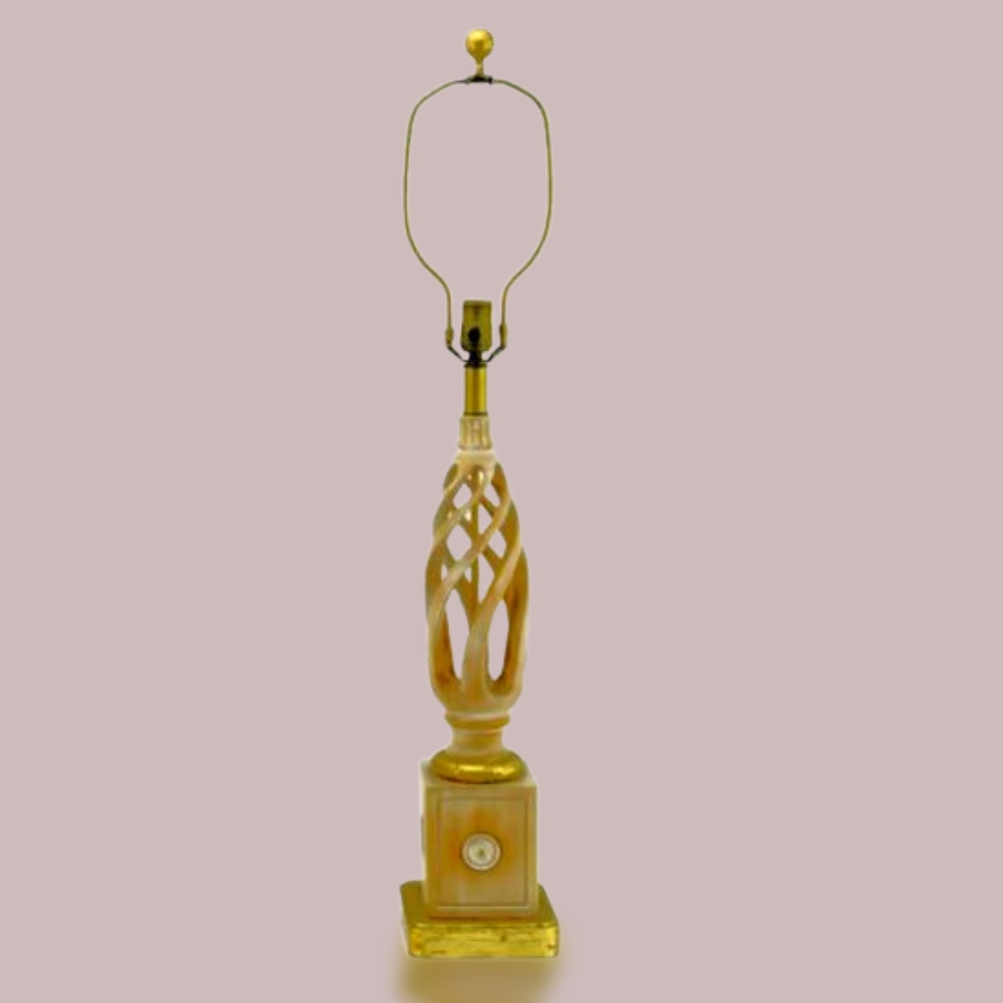 Twisted Carved Open Barley Table Vintage Lamp and Crackle Gold Drum Shade Made By Frederick Copper