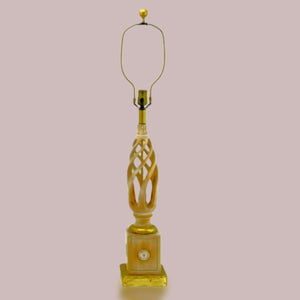 Twisted Carved Open Barley Table Vintage Lamp and Crackle Gold Drum Shade Made By Frederick Copper